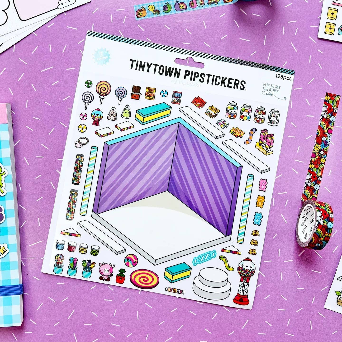 Sticker set with an image of a room with a selection of stickers in the shape of candies to decorate the room.