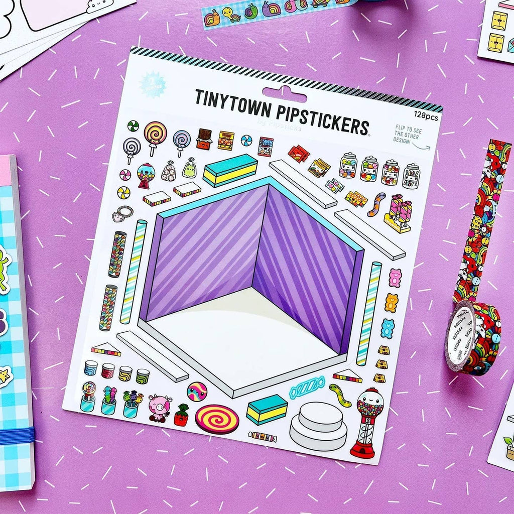Sticker set with an image of a room with a selection of stickers in the shape of candies to decorate the room.