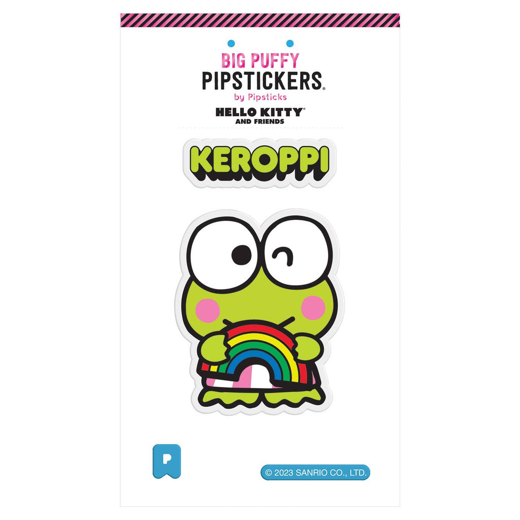 Sticker in the image of Keroppi character holding a rainbow. 