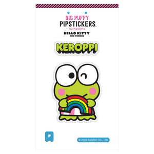 Sticker in the image of Keroppi character holding a rainbow. 
