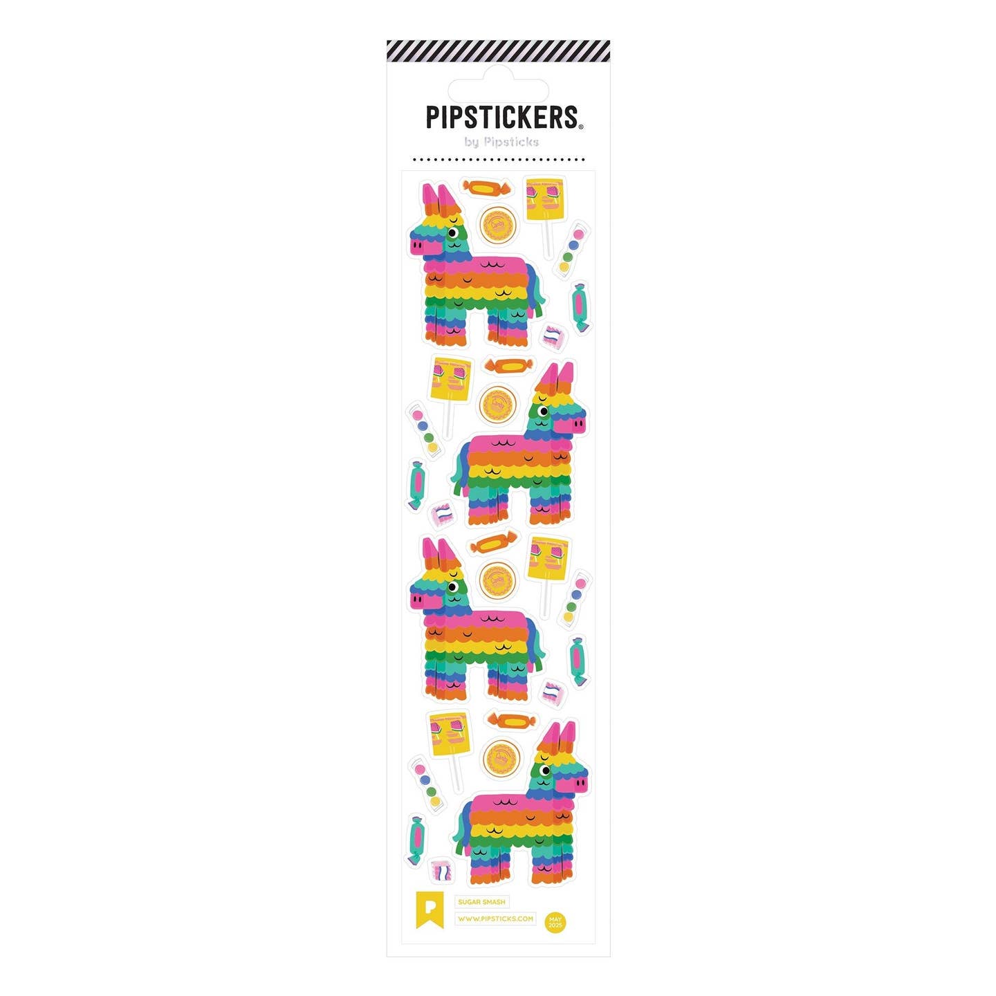Sticker sheet with images of rainbow pinatas, candy and treats.