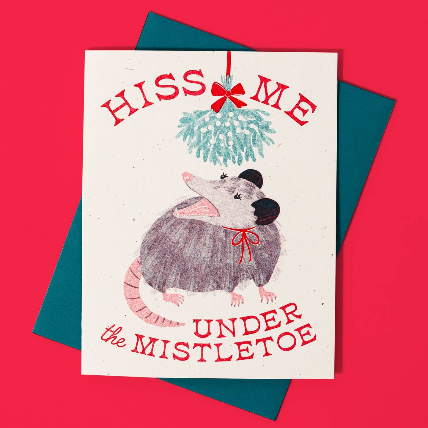 Greeting card with image of a possum under mistletoe with red text says, "Hiss me under the mistletoe". Green envelope included.