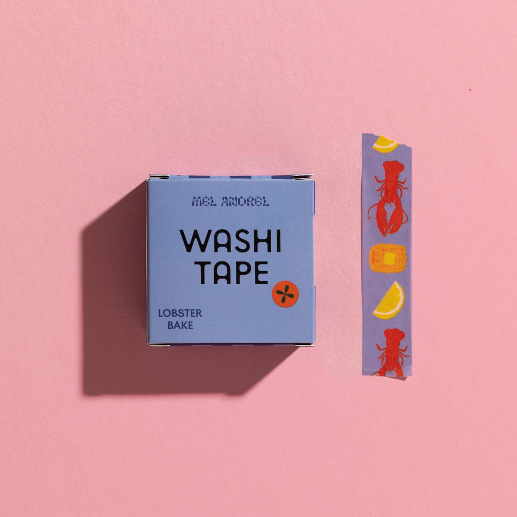 Decorative tape with blue background and images of lobster, corn and lemon wedge.