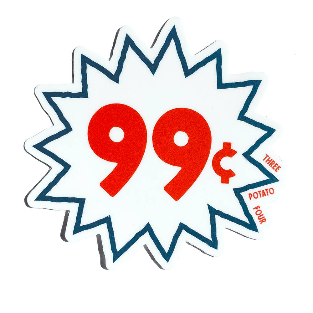 Decorative sticker  with white background and blue outline with red text, "99".