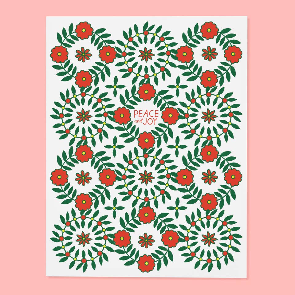 Greeting card set with white background and wreathes in red and green with red text says, "Peach and Joy". Envelopes included. 