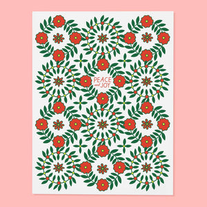 Greeting card set with white background and wreathes in red and green with red text says, "Peach and Joy". Envelopes included. 