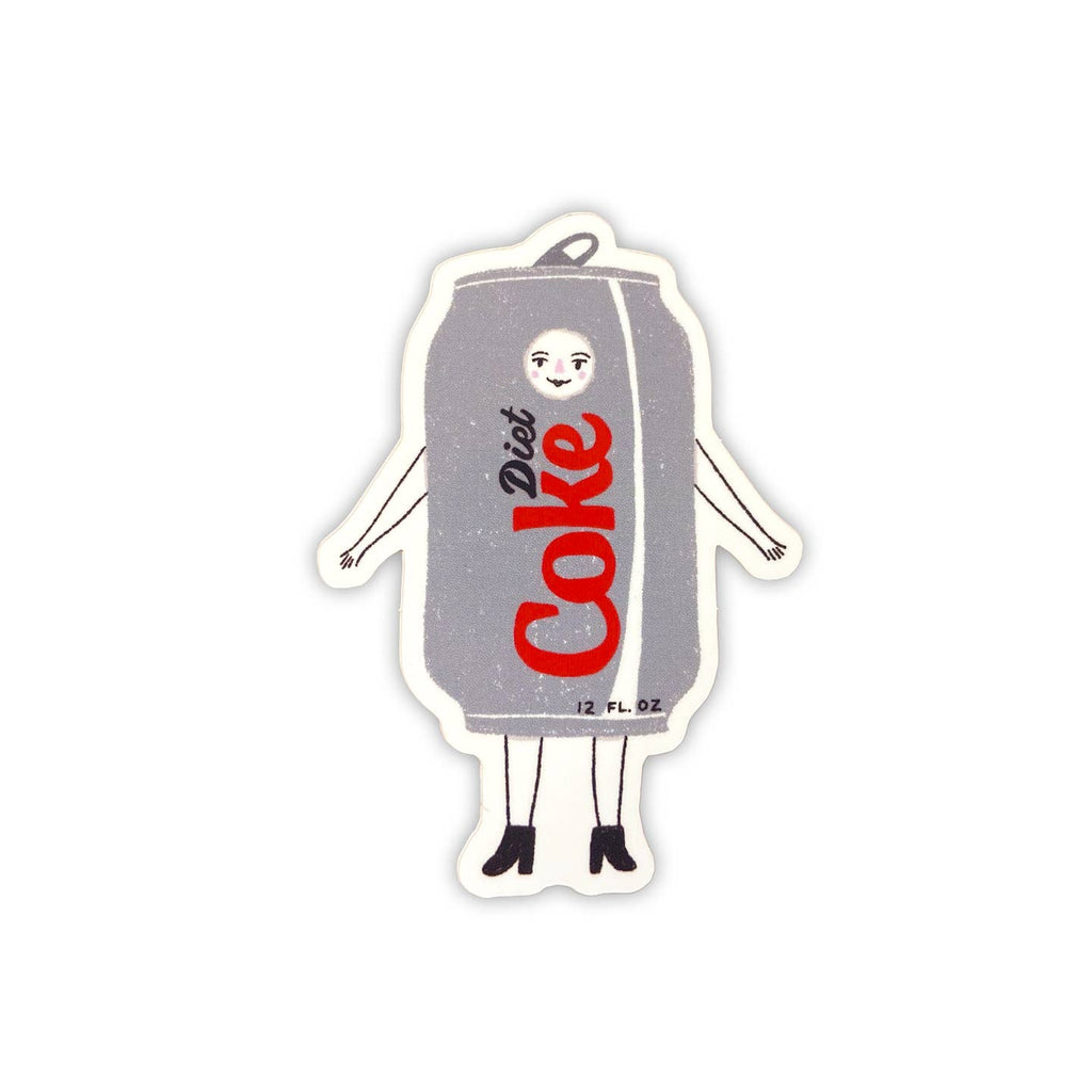 Image of a sticker shaped like a can of Diet Coke with silver background with red and black text says, "Diet Coke" with legs and arms and a small face.