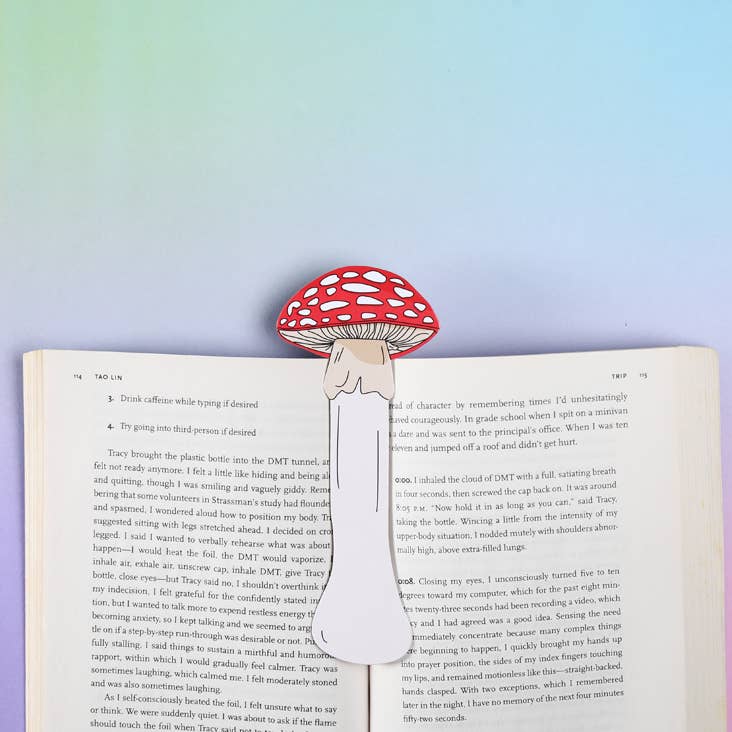 Image of bookmark in the shape of a mushroom with red and white cap and white stem.