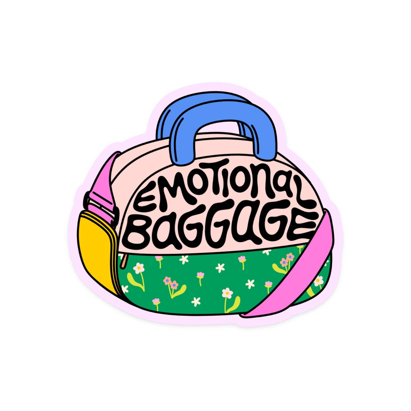 Sticker in the image of of a suitcase in pink, green floral with blue handles and black text says, "Emotional baggage". 