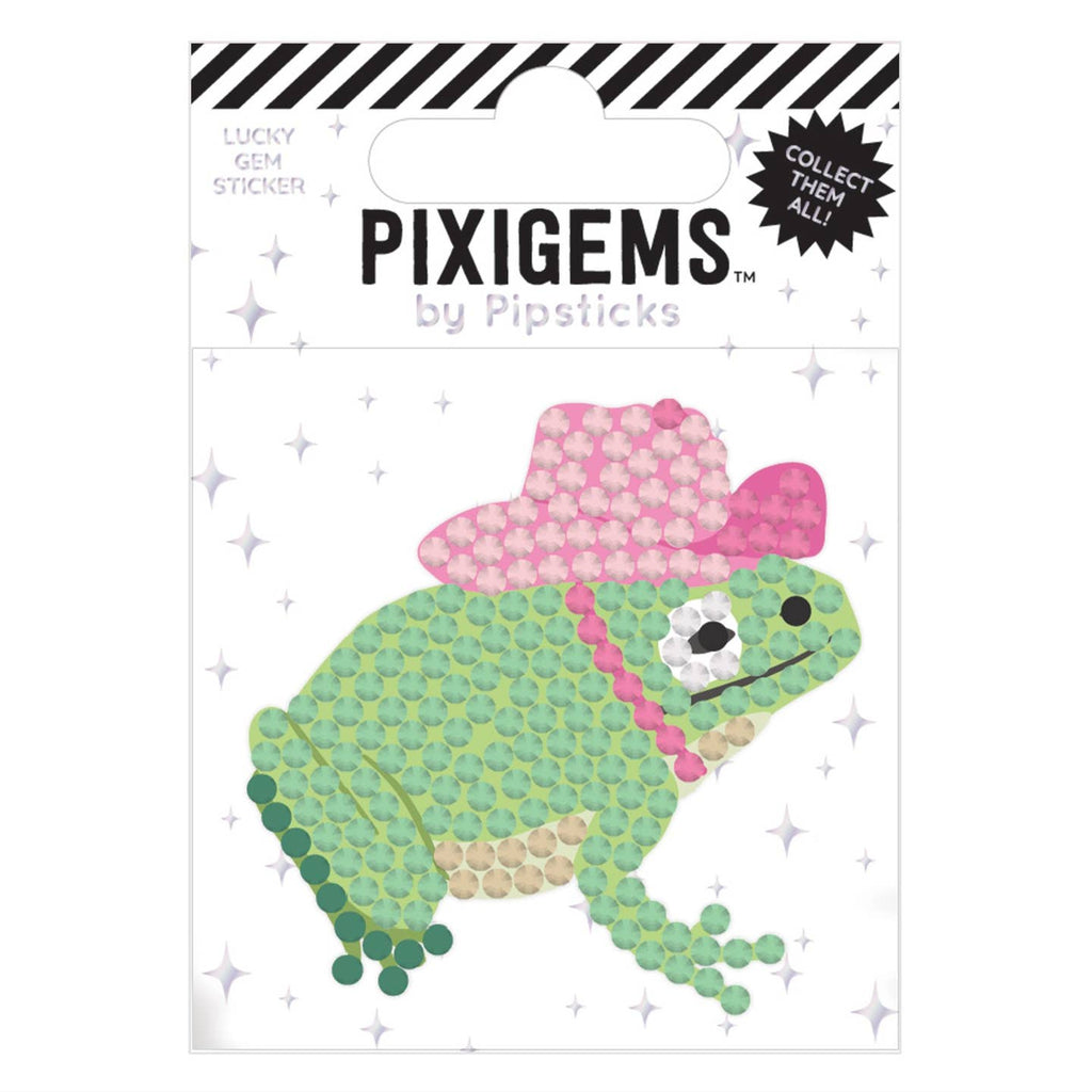 Sticker in the image of a green frog wearing a pink cowboy hat.