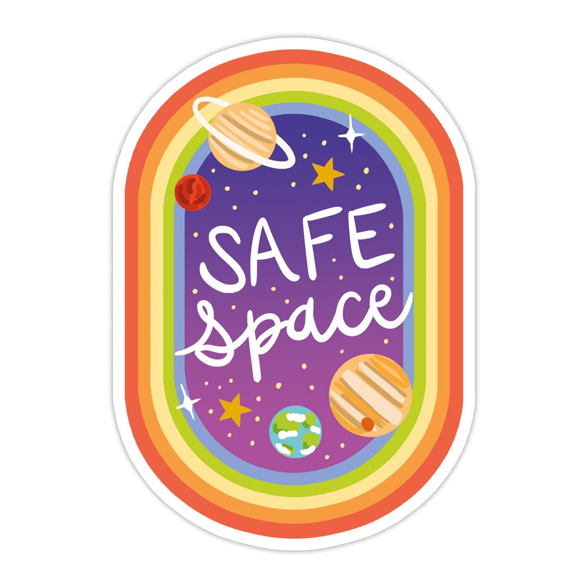 Image of oval sticker with rainbow edging and blue background like night sky with planets, stars and white text says, "Safe space". 