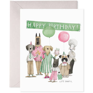 Greeting card with white background and images of dogs wearing party hats and holding presents, balloons and cake with green banner with white text says, "Happy Birthday!".  Grey envelope included. 