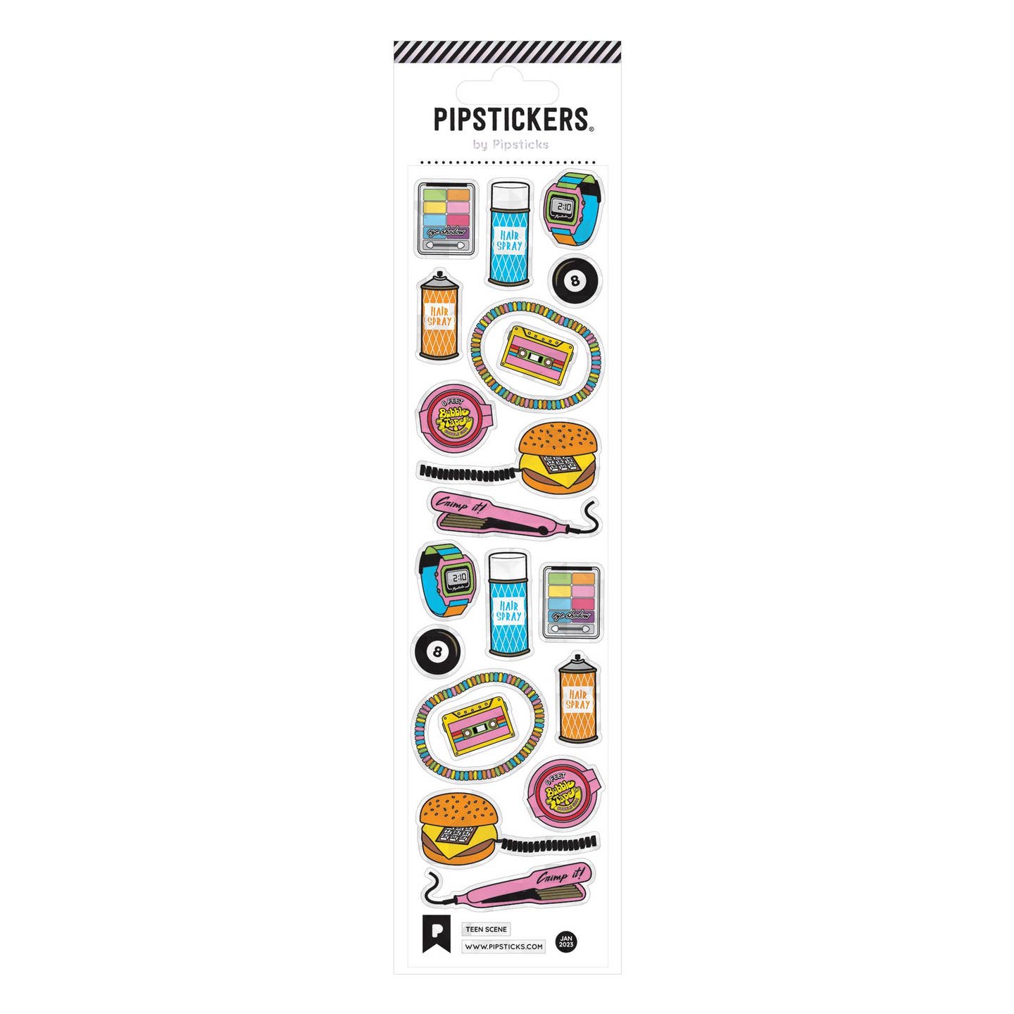 Sticker sheet with images of 90's icon items, Aquanet, hamburger phone, eightball and cassette tape. 