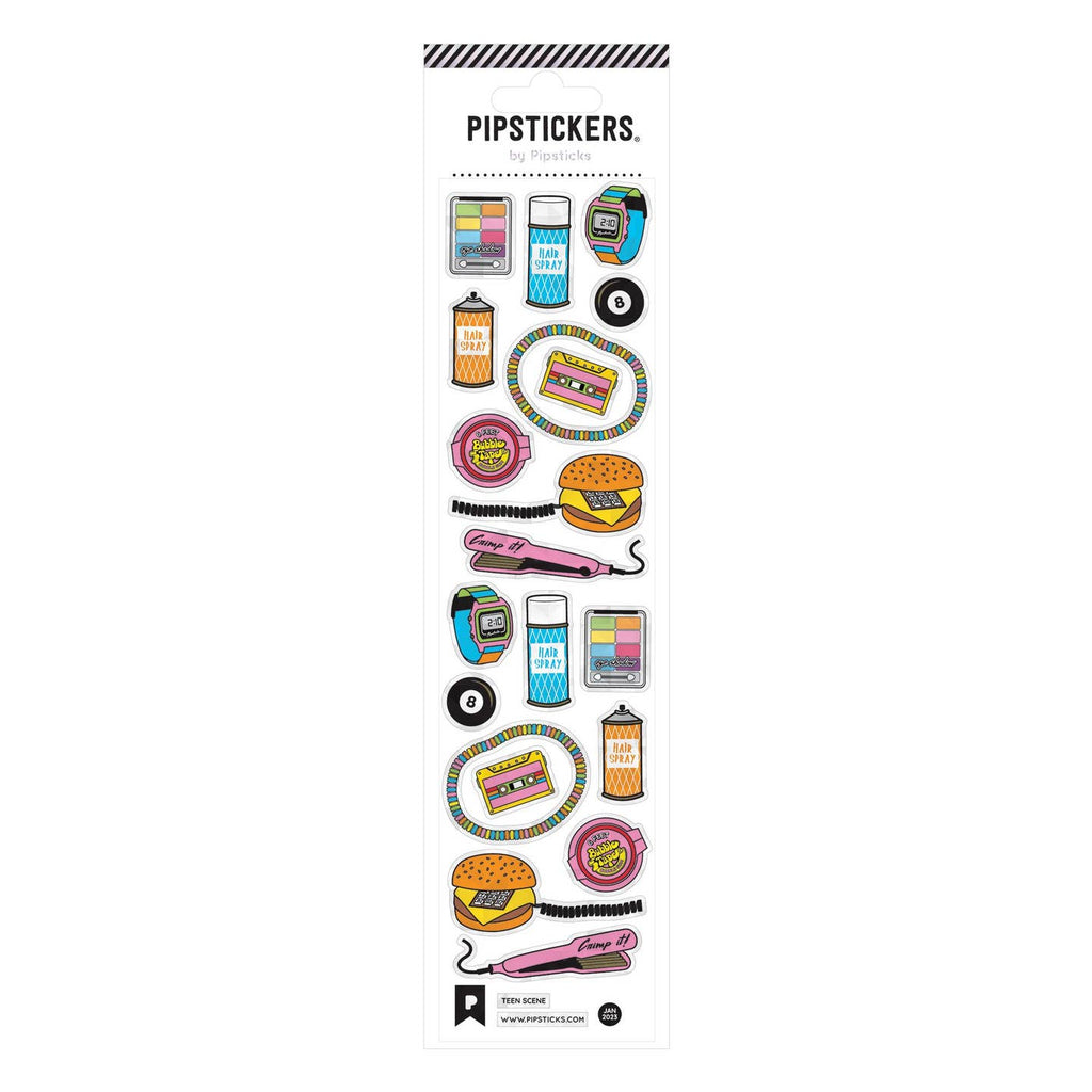 Sticker sheet with images of 90's icon items, Aquanet, hamburger phone, eightball and cassette tape. 