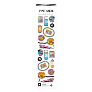 Sticker sheet with images of 90's icon items, Aquanet, hamburger phone, eightball and cassette tape. 