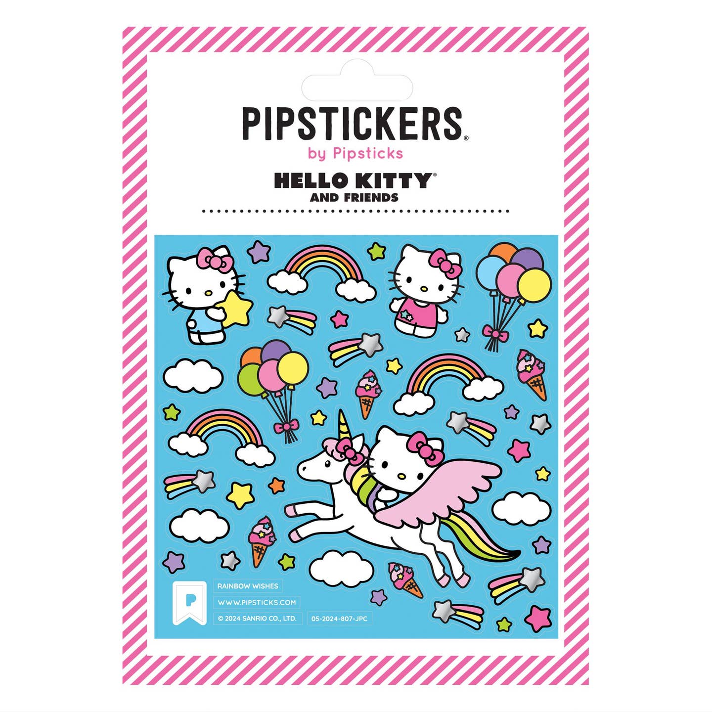 Sticker sheet with blue background and  images of Hello Kitty with rainbows, balloons and clouds. 