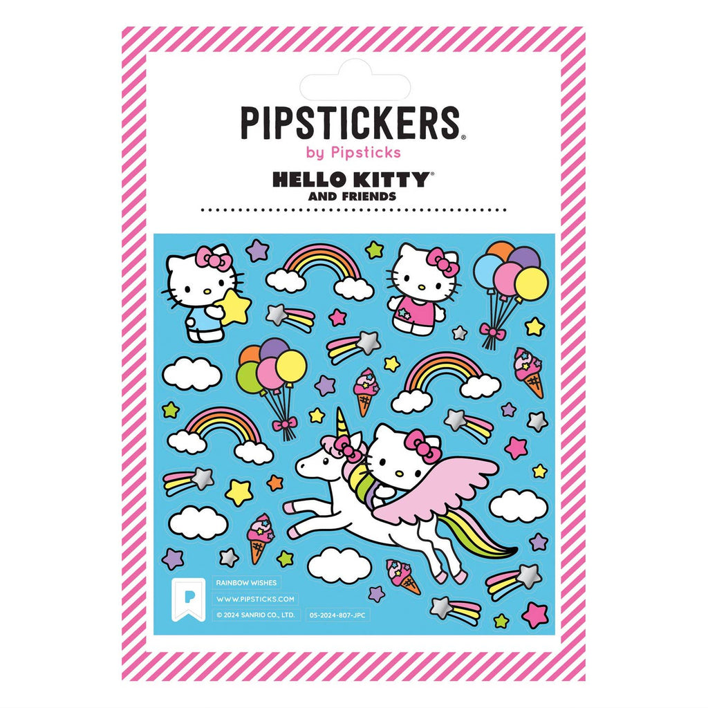 Sticker sheet with blue background and  images of Hello Kitty with rainbows, balloons and clouds. 