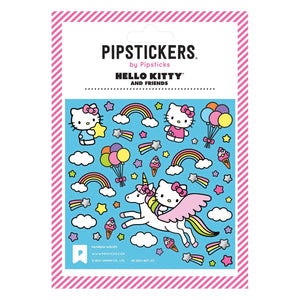 Sticker sheet with blue background and  images of Hello Kitty with rainbows, balloons and clouds. 
