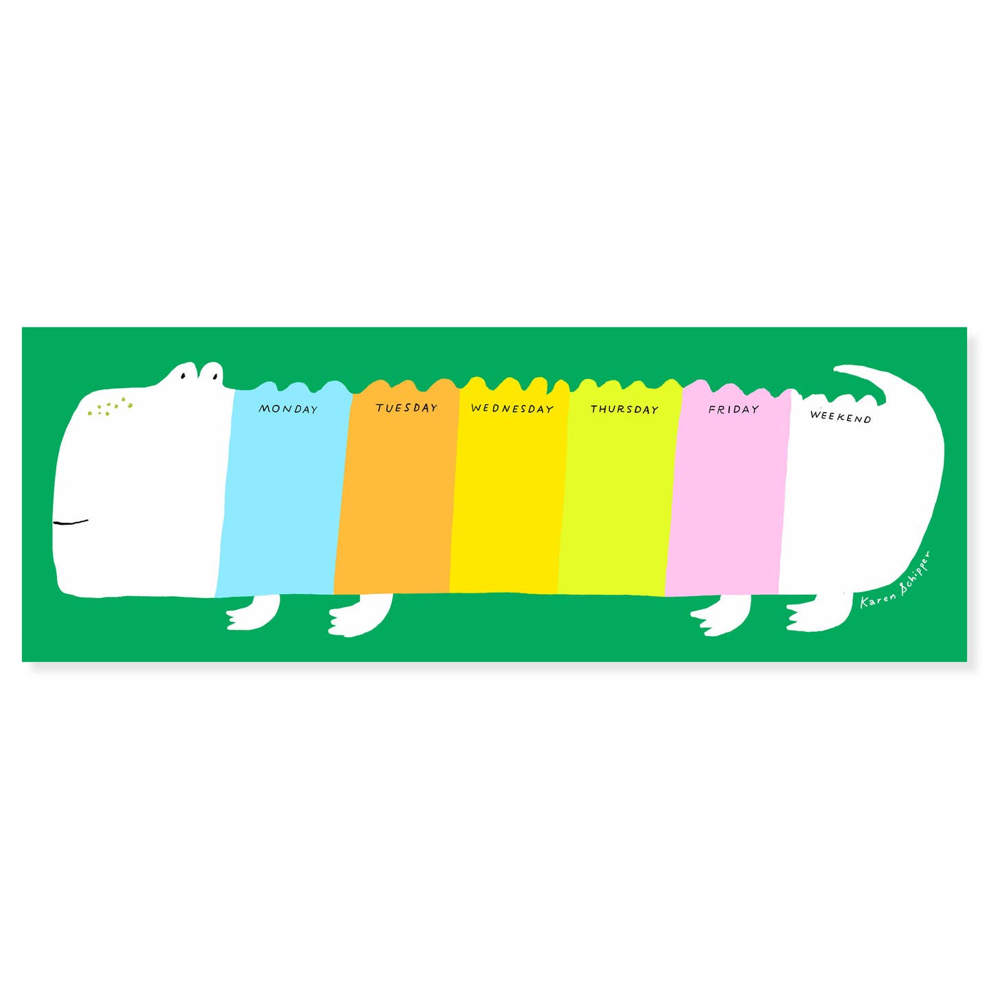 Notepad with green background and image of a crocodile sectioned off by color and by day of the week in white, blue, orange, yellow, green, purple and grey. 