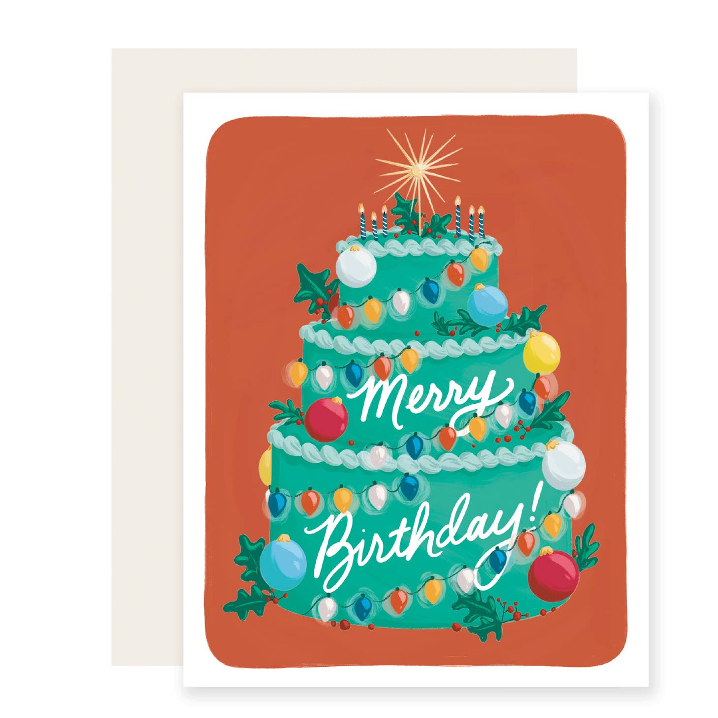 Red background with image of a green tiered birthday card decorated with holiday lights and ornaments White text says, "Merry Birthday". White envelope included. 