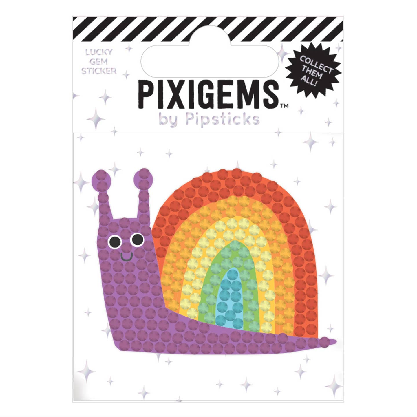 Sticker in the image of a snail with a purple body and a rainbow shell.