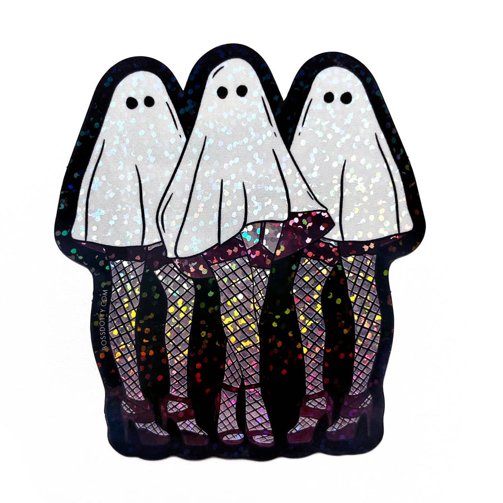 Decorative sticker with image of three ghosts wearing fishnet glitter tights and high heeled sandals. 