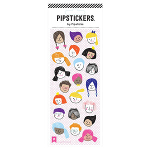 Sticker sheet with images of people with brown, purple, yellow, orange, blue and black hair. 