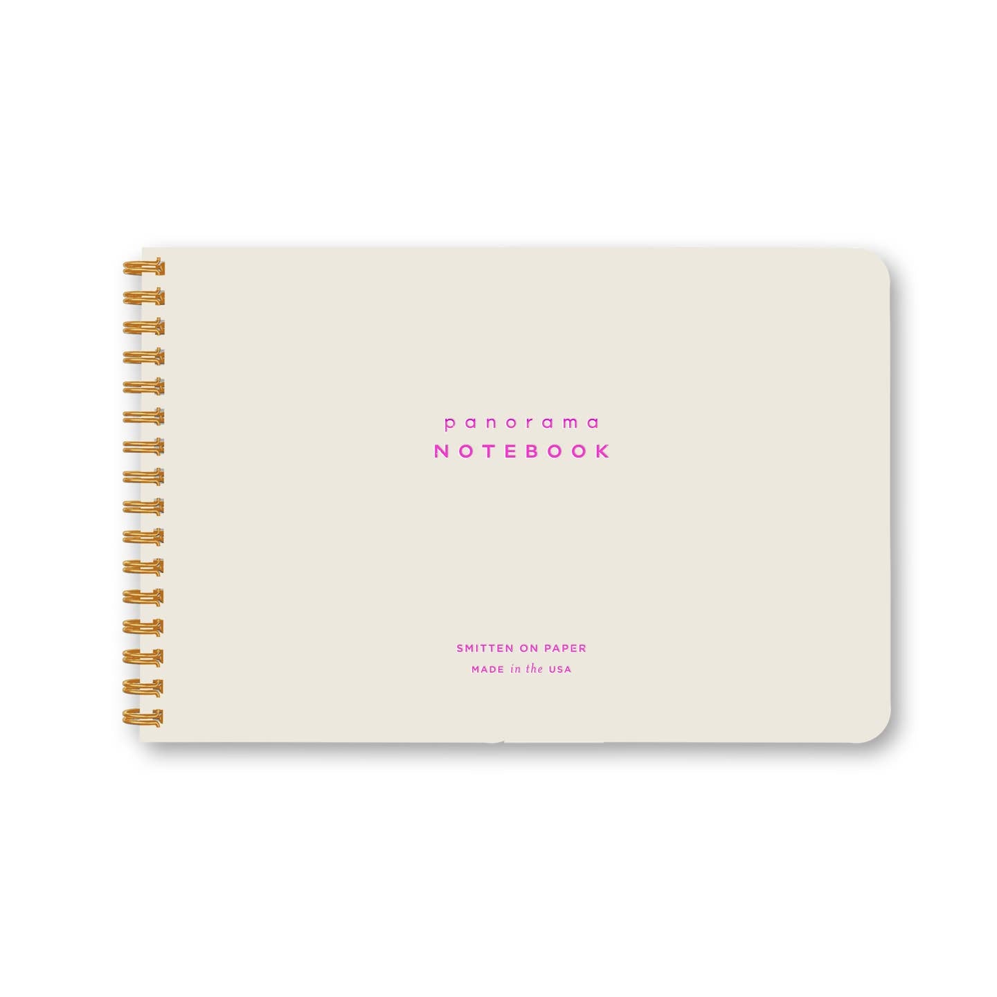 Notebook with white background and pink text says, "Panorama notebook,Smitten on paper, Made in the USA". Gold coil binding on side. 