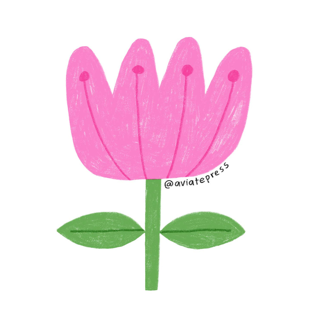 Sticker in the image of a pink flower with green stem.