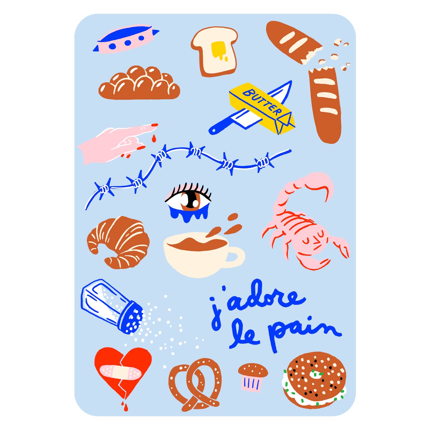 Image of iron on appliques as slice of bread, loaves of bread, bagel, pretzel and salt shaker. 