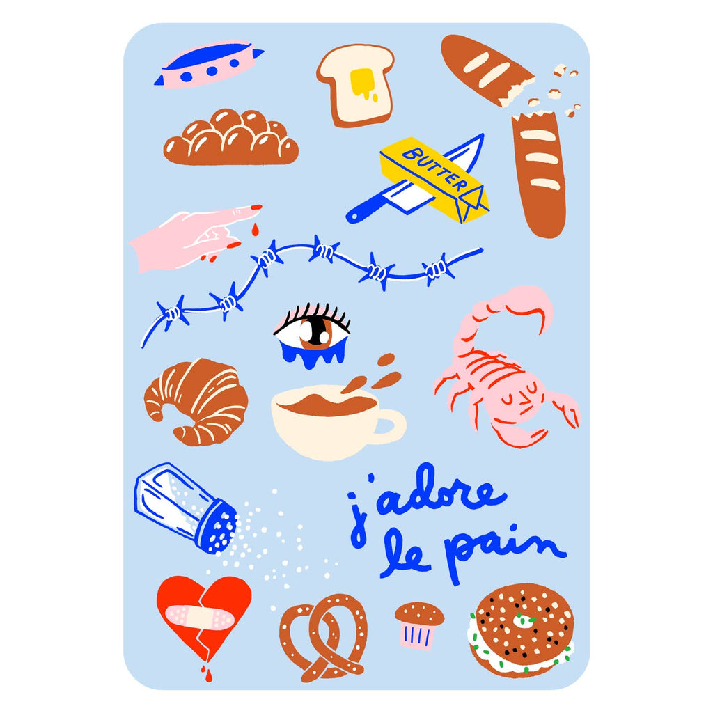 Image of iron on appliques as slice of bread, loaves of bread, bagel, pretzel and salt shaker. 