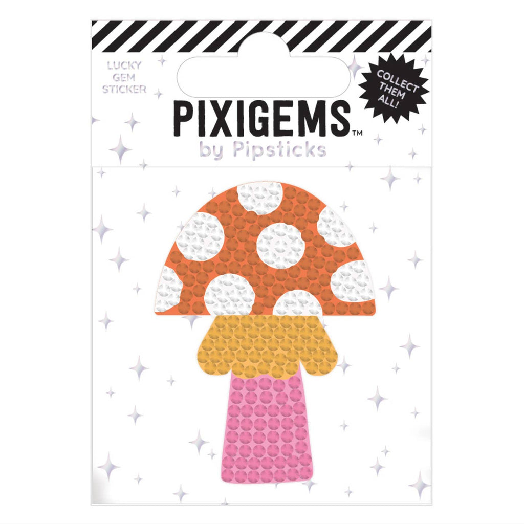 Sticker in image of a mushroom in orange and white polka dot top and pink and yellow bottom.