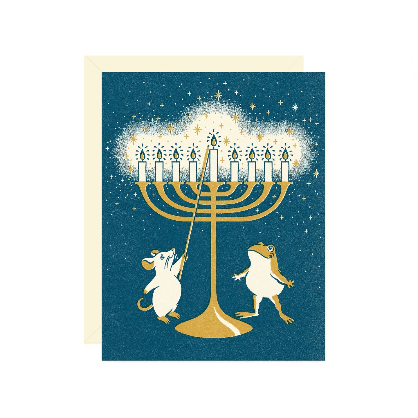 Greeting card with blue background and image of a frog and a mouse lighting a menorah. Envelope included.