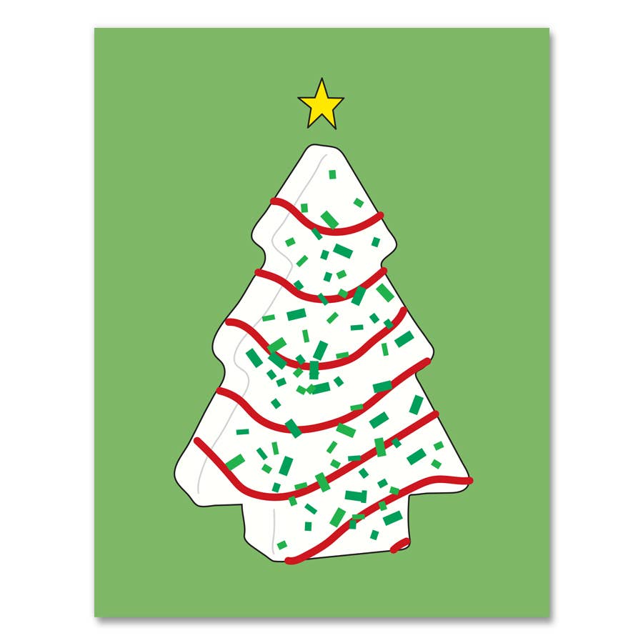 Greeting card with green background and image of a Lil Debbie Christmas tree snack cake in white with red and green decoration and star on top. Envelope included.