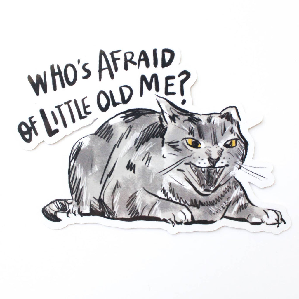 Decorative sticker in the image of a grey, black and white cat with yellow eyes. Black text says, "Who's afraid of little ond me?".