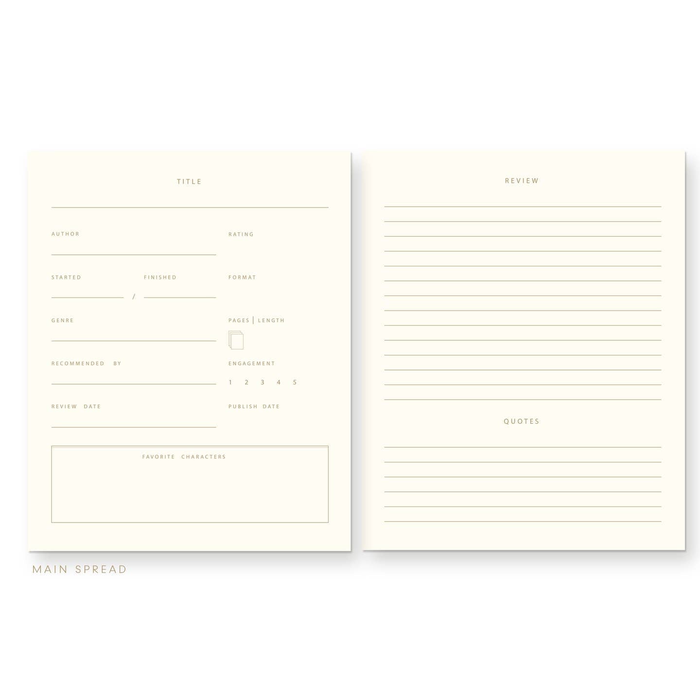 Left page with white background and grey text says, "Title", author, Rating, started, finished, format, genre, pages, length, recommended by, engagement, review date, publish date, favorite characters". "Review". and "quotes". 