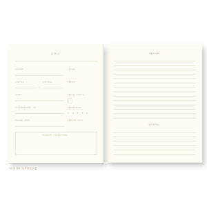 Left page with white background and grey text says, "Title", author, Rating, started, finished, format, genre, pages, length, recommended by, engagement, review date, publish date, favorite characters". "Review". and "quotes". 