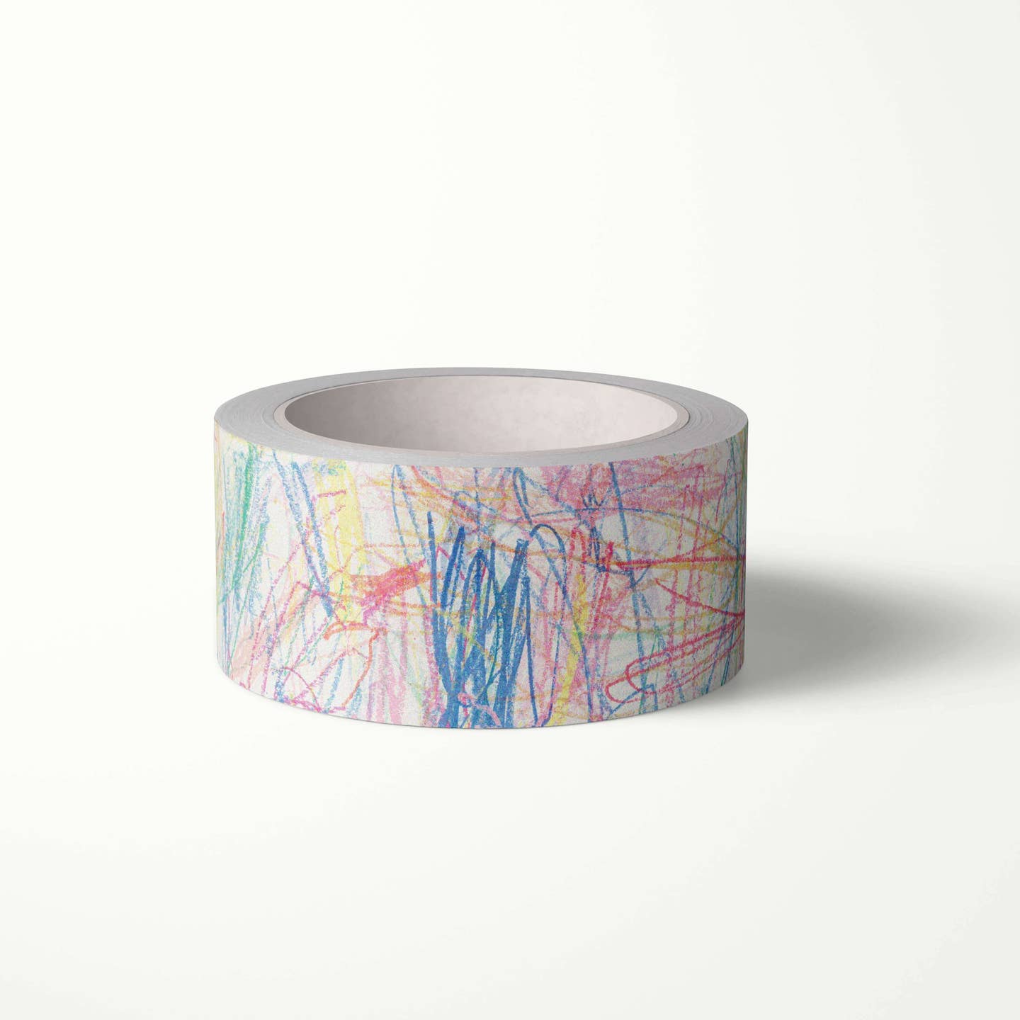Washi tape with white background and scribbles in red, blue, pink, yellow and green.