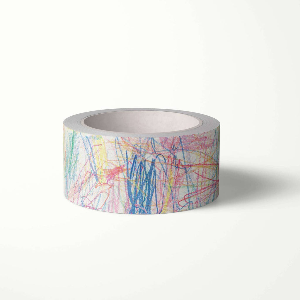 Washi tape with white background and scribbles in red, blue, pink, yellow and green.