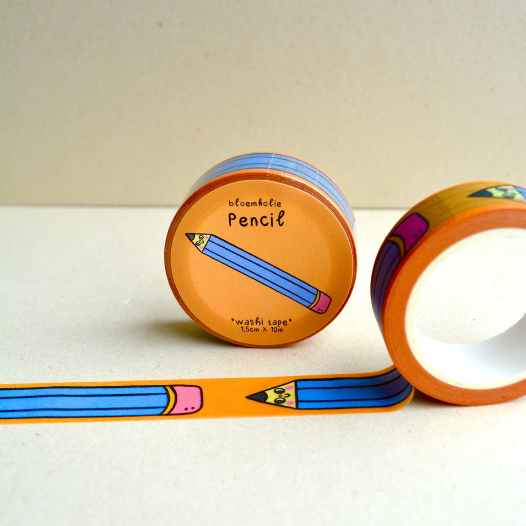 Image of roll of washi tape with orange background and images of blue pencils with pink eraser and face on point. 