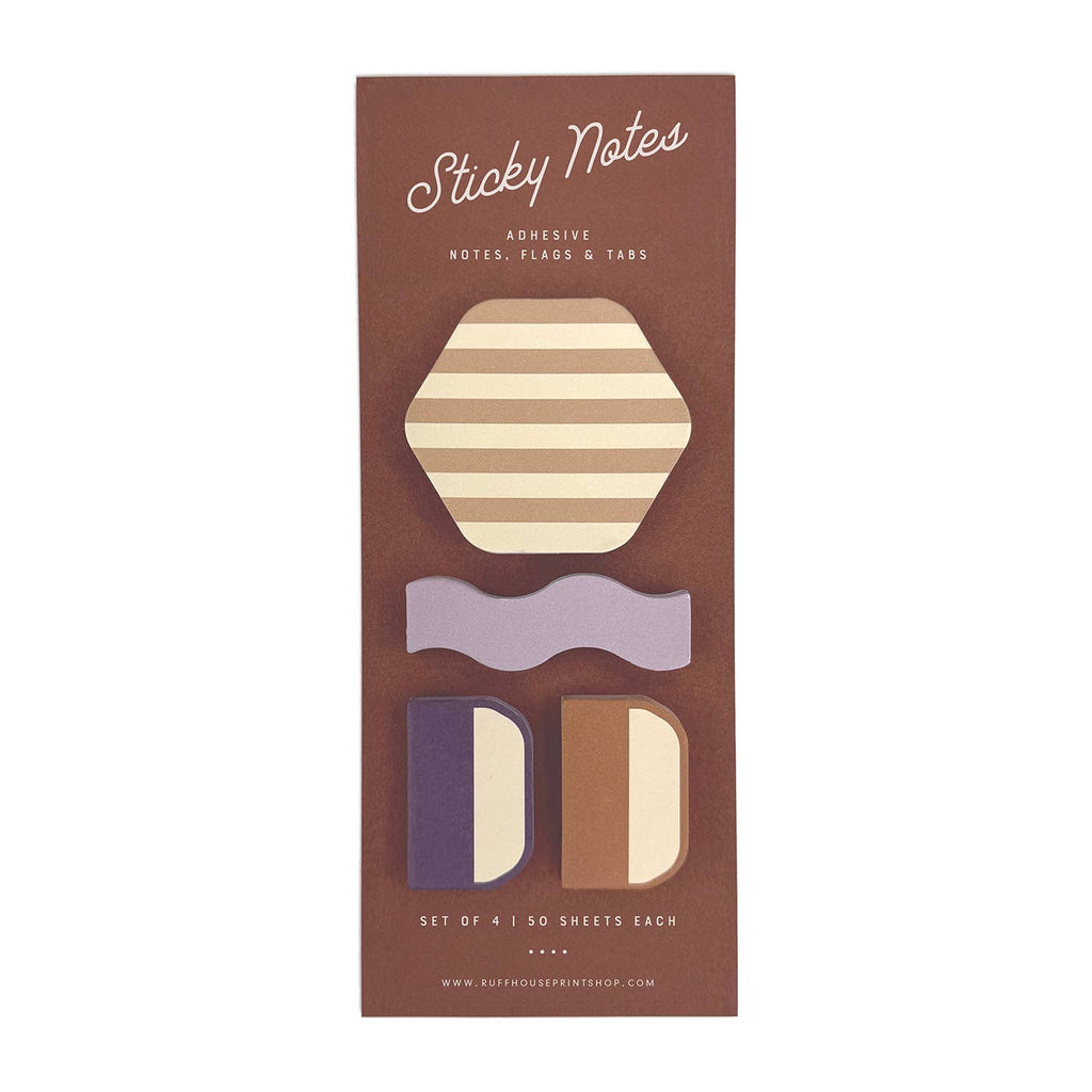 Sticky notes with tan and ivory stripes. lavender, purple and brown and cream sticky page tabs. 