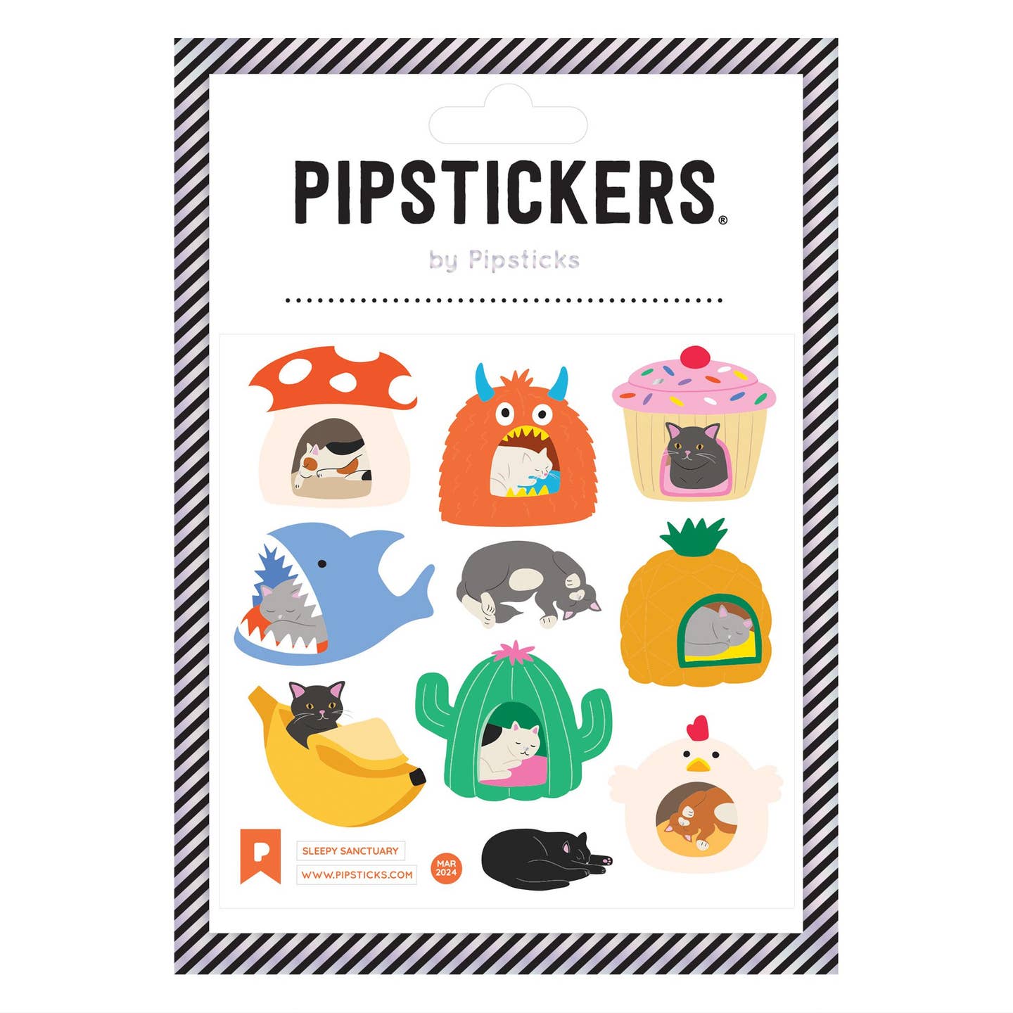 Sticker sheet with images of cats curled up in various places like a cupcake, pineapple, shark, banana, cactus and toadstool .