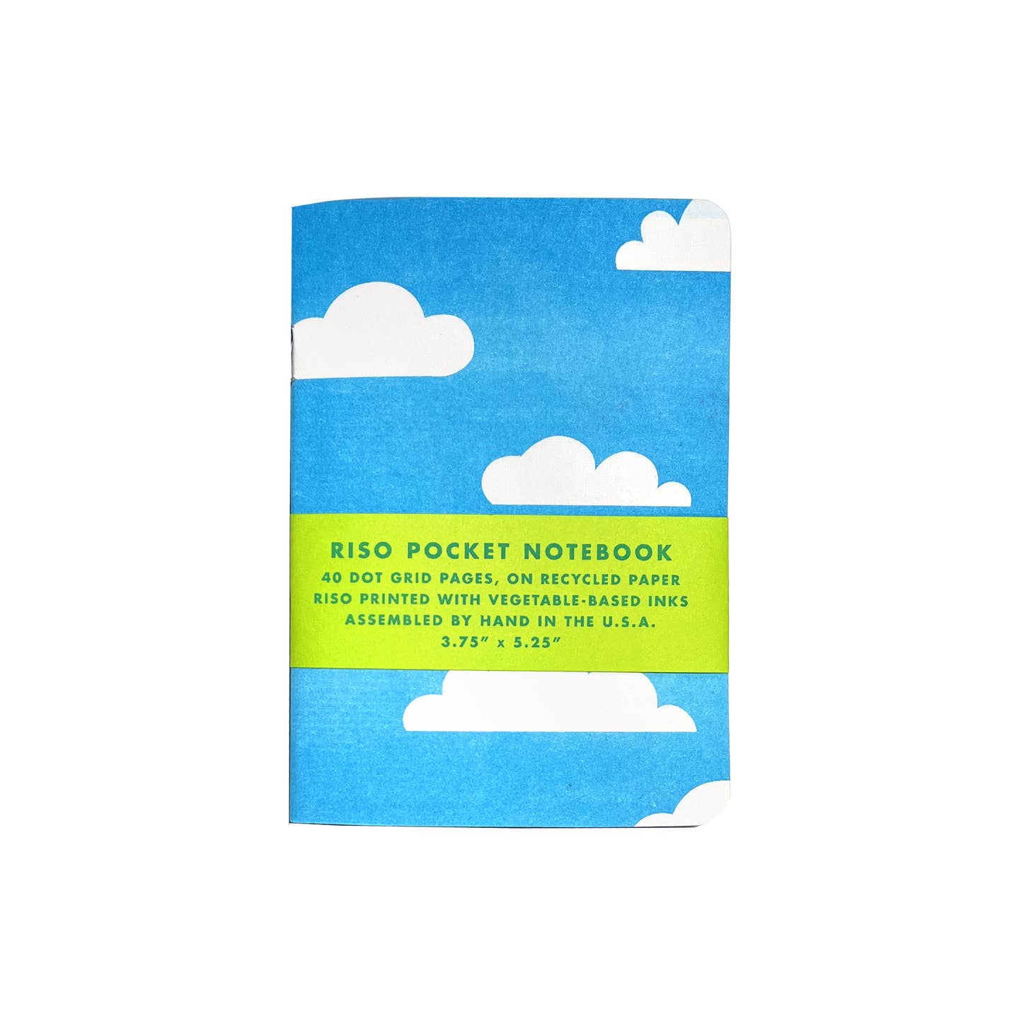 Notebook with blue background and white clouds.