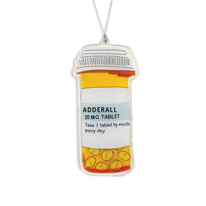 Decorative sticker image of a prescription bottle of adderall with black text says, "Adderall 20 mg tablet, Take 1 tablet by mouth every day". 