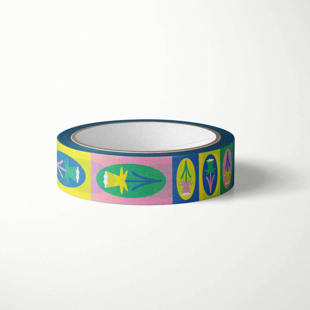 Decorative tape in blue, yellow, green and pink with images of daffodils.