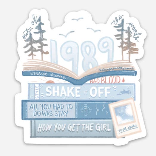 Decorative sticker with image of a stack of books with titles to songs on Taylor Swift 1989 album.