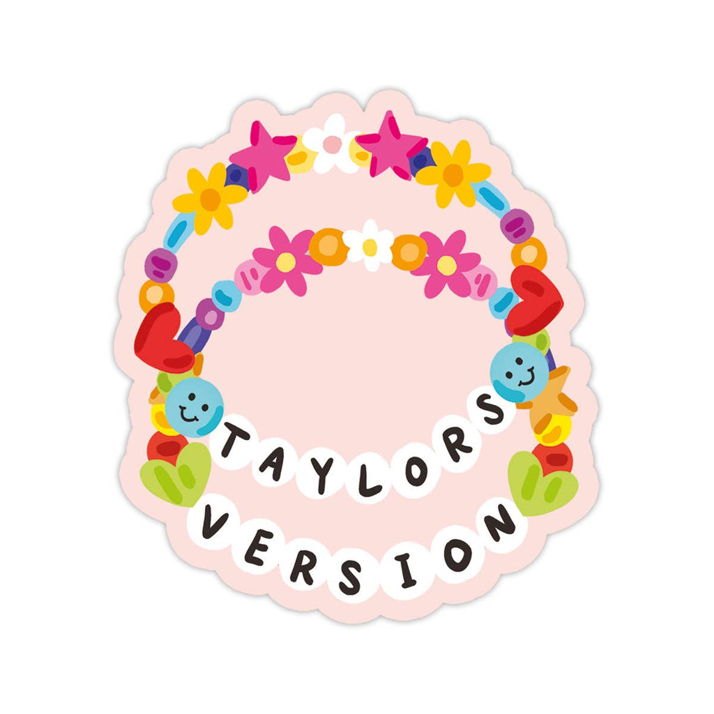 Image of sticker with pink background with image of two friendship bracelets including white beads that with black text says, “Taylors version”.     