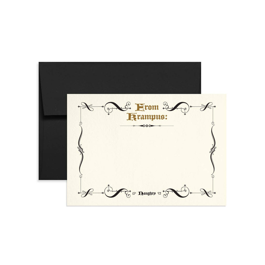 Note card set with white background and black filigree border with gold text says, "From Krampus" at the top and "naughty" at the bottom. Black envelopes included.