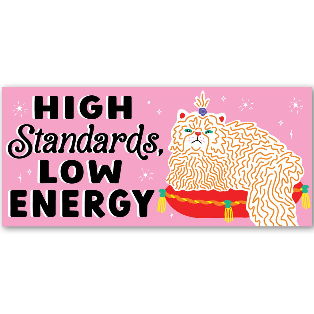 Bumper sticker with pink background and image of a yellow and white cat sitting on a red cushion. Black text says, "High standards, low energy". 