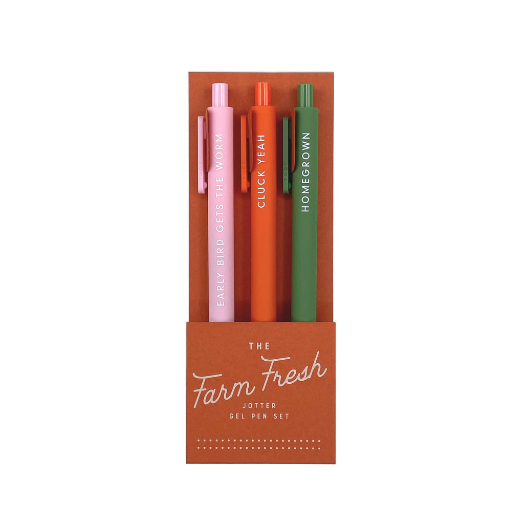 Set of three pens in pink, orange and olive. White text says, "Early bird gets the worm, cluck yeah, homegrown". 